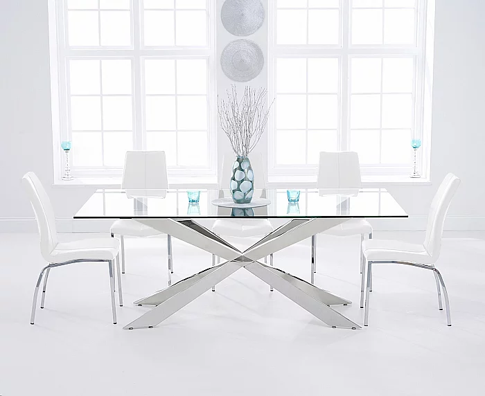 Canova 200cm Glass Dining Table with 6 White Marco Chairs