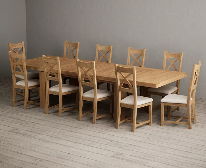 Extending Callington 230cm Oak Dining Table with 10 Linen Natural Solid Oak Chairs