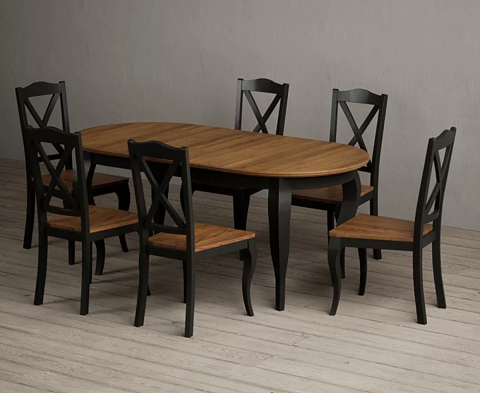 Extending Chateau Noir 140cm Oak and Black Painted Oval Dining Table with 6 Rustic Oak Chateau Noir Chairs