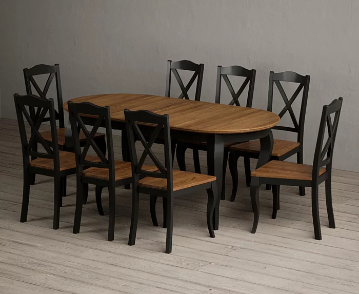 Extending Chateau Noir 140cm Oak and Black Painted Oval Dining Table with 8 Rustic Oak Chateau Noir Chairs