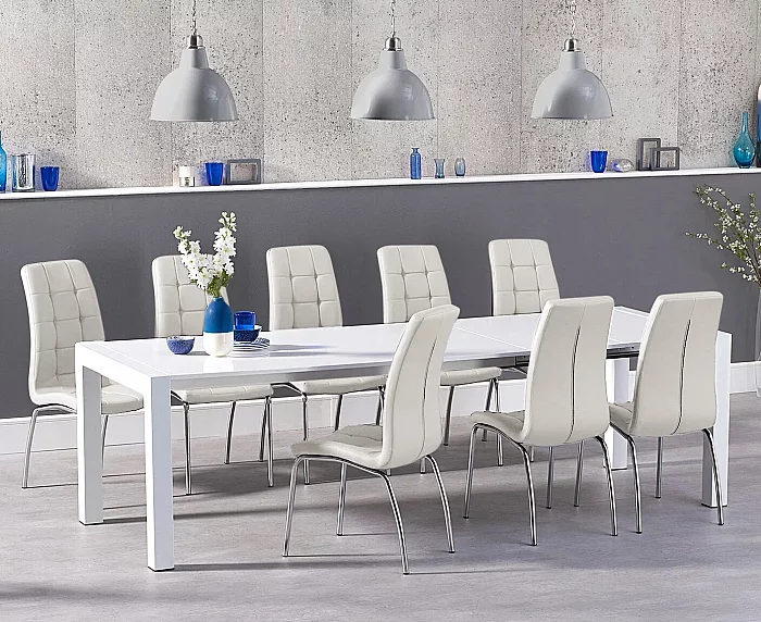 Extending Cleveland White High Gloss Dining Table with 6 Cream Enzo Chairs