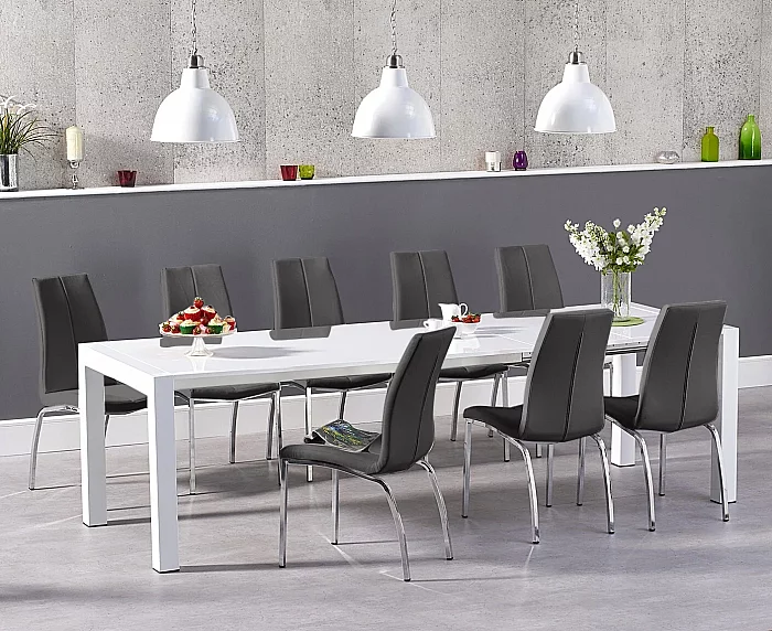 Extending Cleveland White High Gloss Dining Table with 8 Grey Marco Chairs