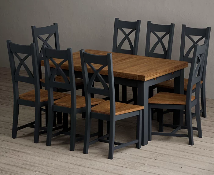 Extending Buxton 140cm Oak and Dark Blue Dining Table with 8 Rustic Oak Painted Chairs