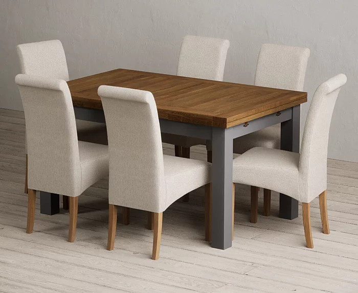 Extending Buxton 140cm Oak and Charcoal Grey Painted Dining Table with 6 Charcoal Grey Scroll Back Chairs