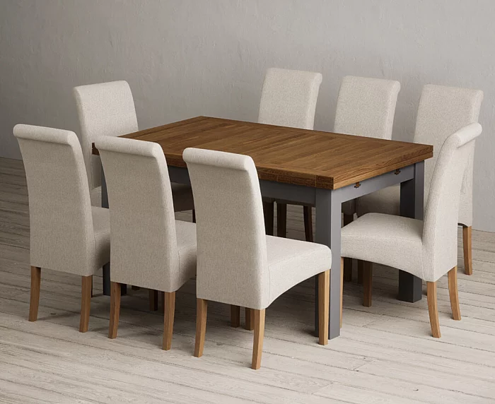 Extending Buxton 140cm Oak and Charcoal Grey Painted Dining Table with 8 Natural Scroll Back Chairs