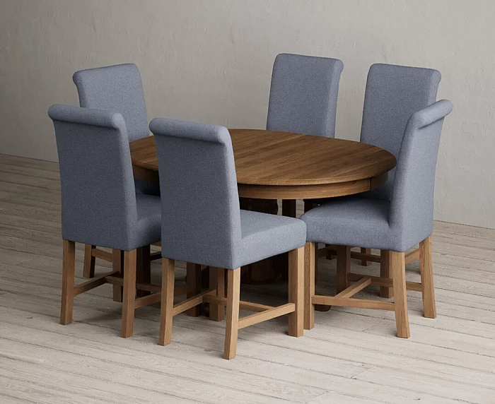 Extending Hertford 100cm 130cm Rustic Oak Pedestal Dining Table with 6 Blue Braced Chairs