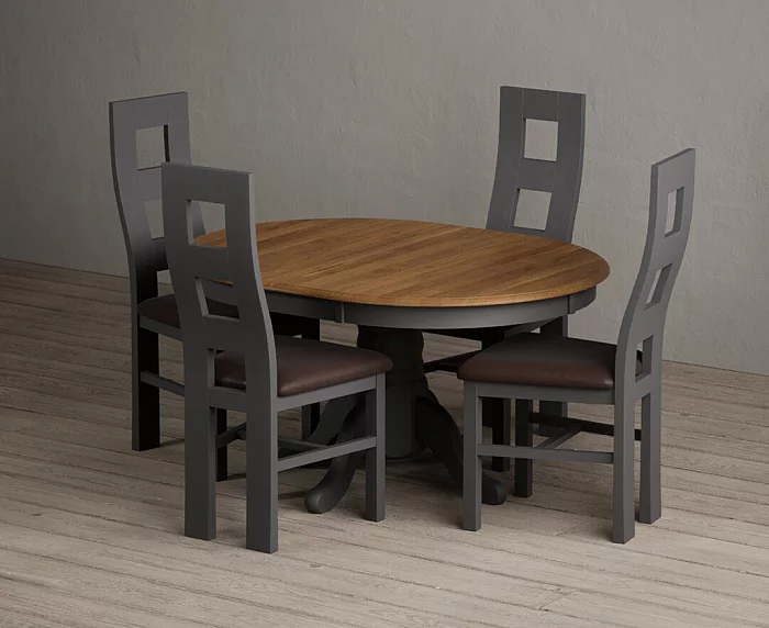Extending Hertford 100cm 130cm Oak and Charcoal Grey Painted Pedestal Dining Table with 4 Brown Painted Chairs