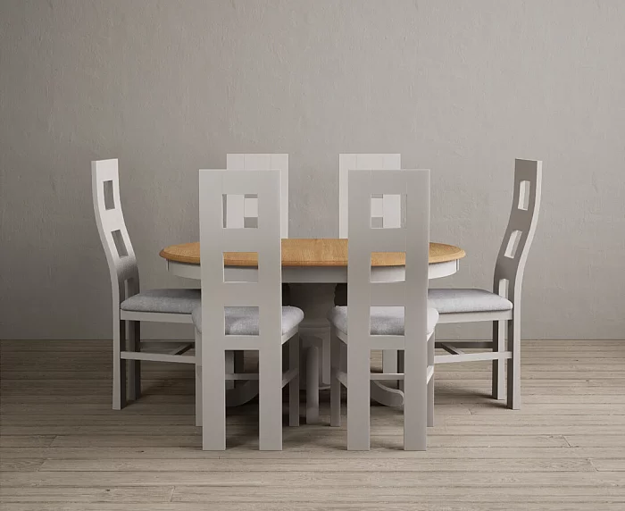 Extending Hertford 100cm 130cm Oak and Soft White Painted Pedestal Dining Table with 6 Light Grey Painted Chairs
