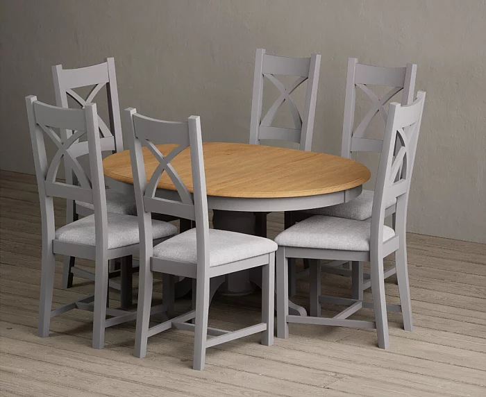 Extending Hertford 100cm 130cm Oak and Light Grey Painted Pedestal Dining Table with 6 Brown Painted Chairs
