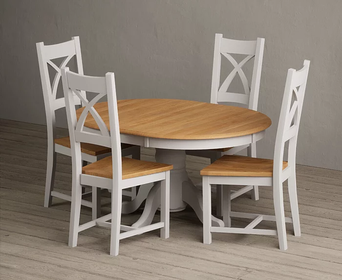 Extending Hertford 100cm 130cm Oak and Soft White Painted Pedestal Dining Table with 4 Oak Painted Chairs
