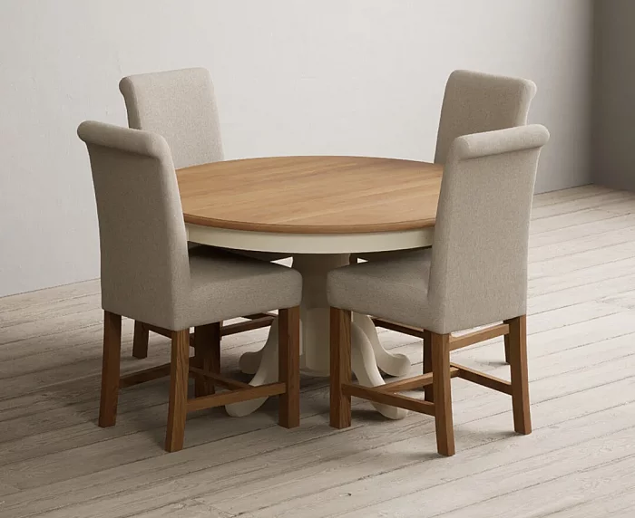 Hertford 120cm Fixed Top Oak and Cream Painted Dining Table with 6 Brown Braced Chairs