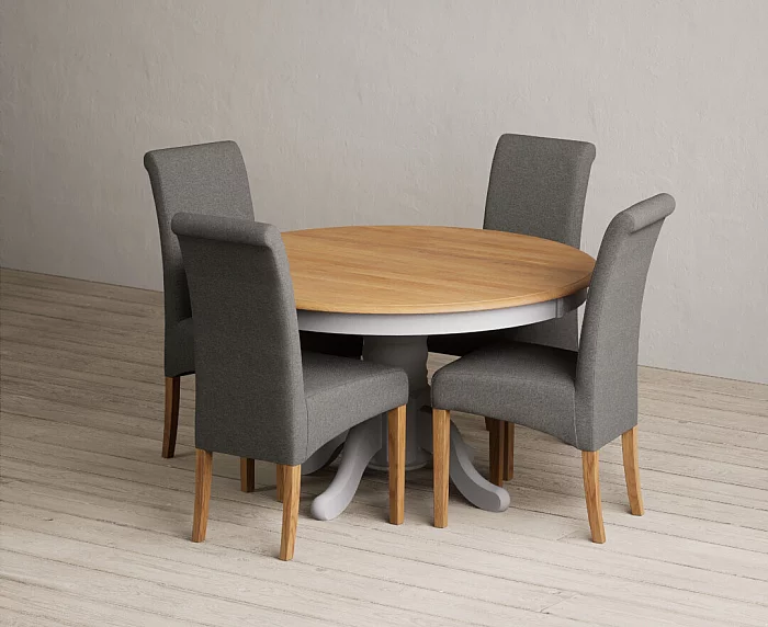 Hertford 120cm Fixed Top Oak and Light Grey Painted Dining Table with 6 Charcoal Grey Scroll Back Chairs