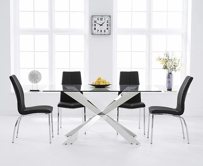 Canova 160cm Glass Dining Table with 6 Black Marco Chairs