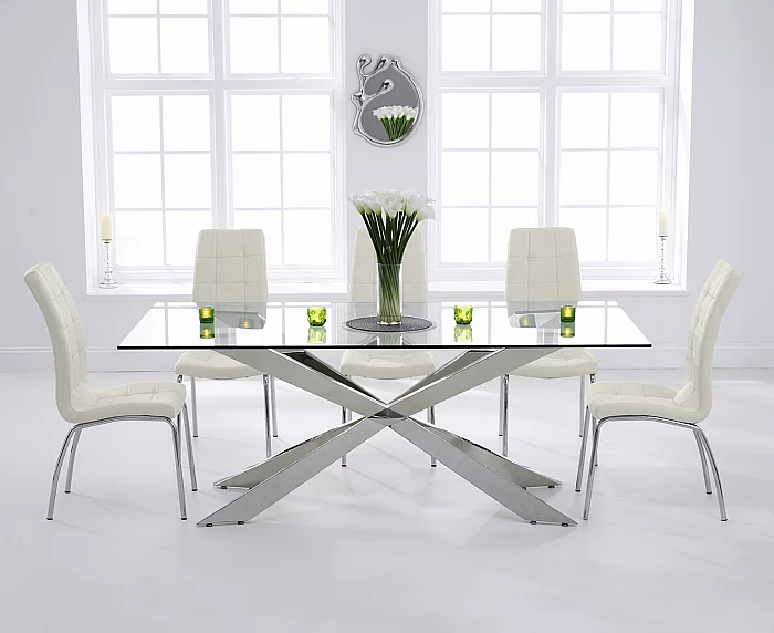 Canova 200cm Glass Dining Table with 8 Cream Enzo Chairs