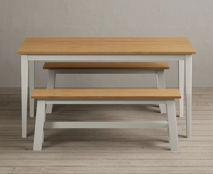 Kendal 150cm Solid Oak and Signal White Painted Dining Table with 2 White Benches