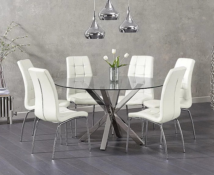 Rodin Round Glass Dining Table with 6 Cream Enzo Chairs