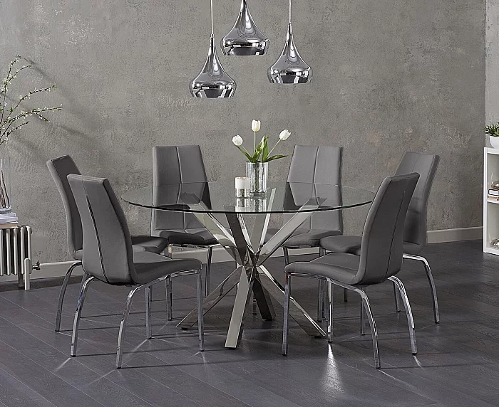 Rodin Round Glass Dining Table with 4 Grey Marco Chairs