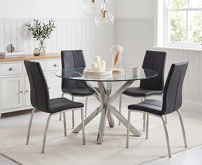 Rodin Round Glass Dining Table with 4 Black Marco Chairs