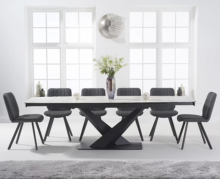 Extending Jacob 180cm White Ceramic Dining Table with 6 Grey Hendrick Chairs