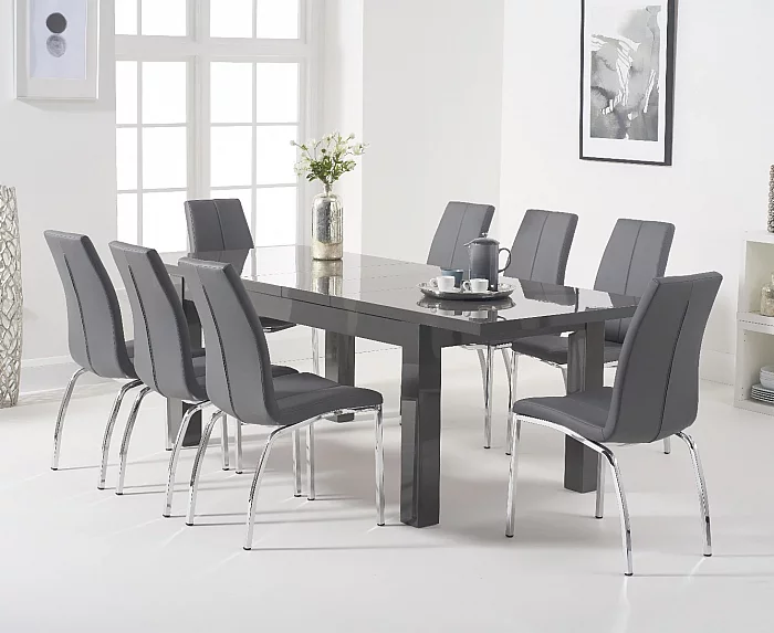 Extending Seattle 160cm Dark Grey High Gloss Dining Table with 4 Grey Marco Chairs
