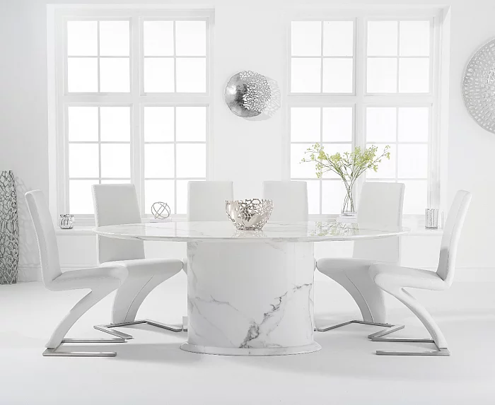 Colby 200cm White Oval Marble Dining Table with 6 White Aldo Chairs