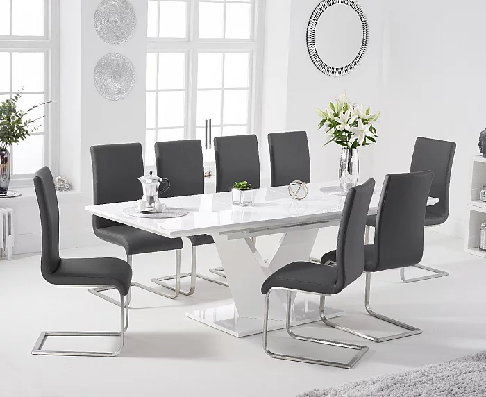 Extending Vittorio 160cm White High Gloss Dining Table with 4 Grey Austin Chairs